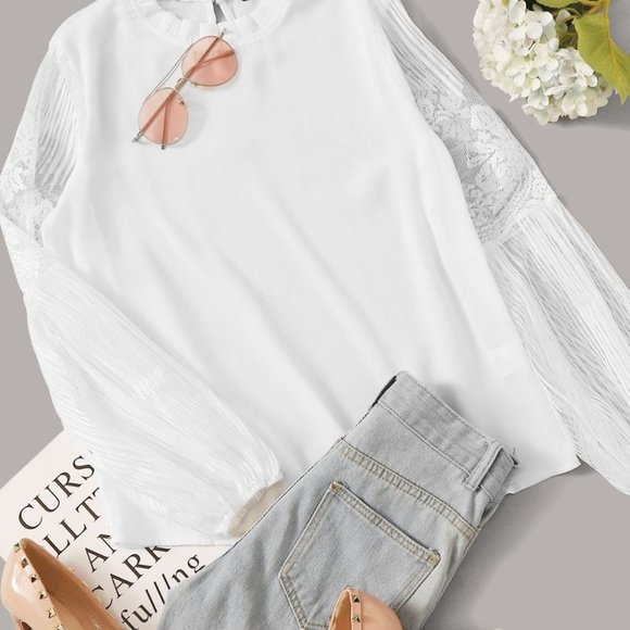 white sheer sleeve lace long sleeve Top Classic - Picture 6 of 10